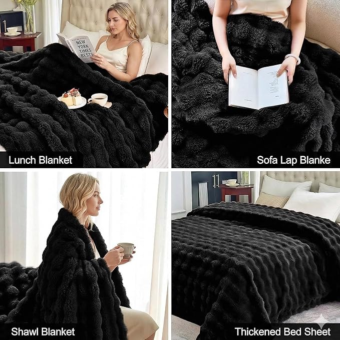 Luxury Double-Sided 3D Bubble Faux Fur Blanket, Ultra Plush Cozy Throw for Couch, Sofa & Bed, Premium Soft Gift Blanket for Women & Men, Neutral Colors