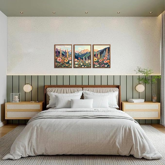 Boho Flower Landscape Wall Art Set of 3, Mountain Wildflower Nature Canvas Prints, Rustic Colorful Daisy Floral Wall Decor for Living Room Bedroom Office Farmhouse Home Decor 24x16In Wood Framed
