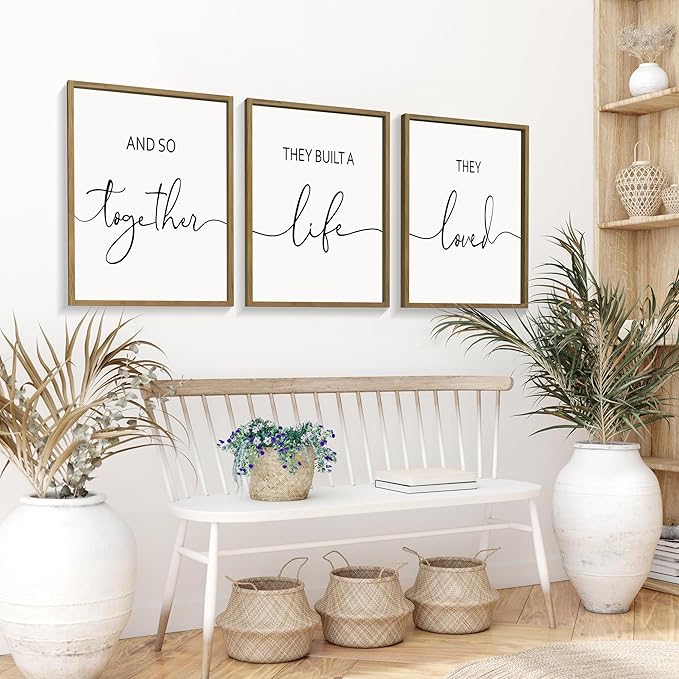 Houmury Framed Set of 3 And So Together They Built A Life They Loved Above Bed Wall Decor Wall Art for Farmhouse Home Bedroom Kitchen Living Room Wood Signs (Brown,12"x16")