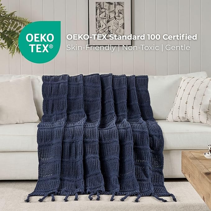 Boho Knitted Chenille Blanket with Tassels - Lightweight & Soft All-Season Throw - 3D Classic Pattern for Living Room Bedroom Couch, Royal Blue, Throw 50"x60"
