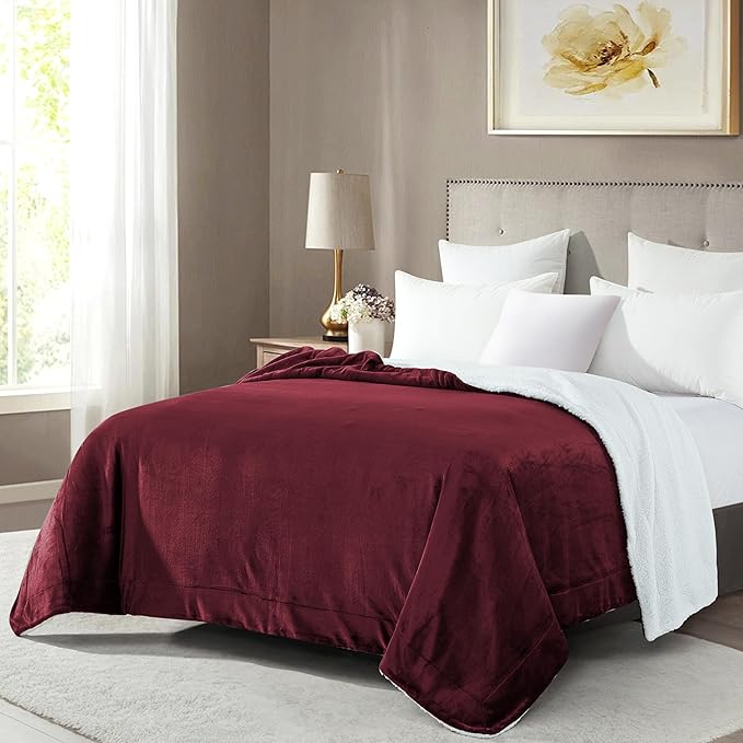Mocassi Premium Ultra-Soft Flannel Fleece Sherpa Throw Blanket - Warm Cozy Reversible Plush Micromink Blanket for Couch, Bed and Sofa - Fluffy, Christmas Winter Bedding Gift, Full, Burgundy