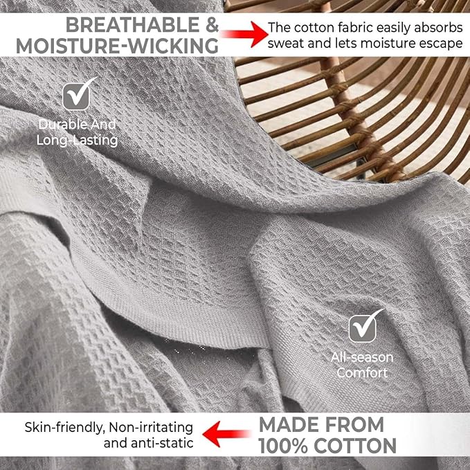 100% Cotton Blankets for Bed - Waffle Weave Blankets for Summer, Lightweight and Breathable Soft Woven Blanket for Spring (Light Grey, King (90" x 108"))