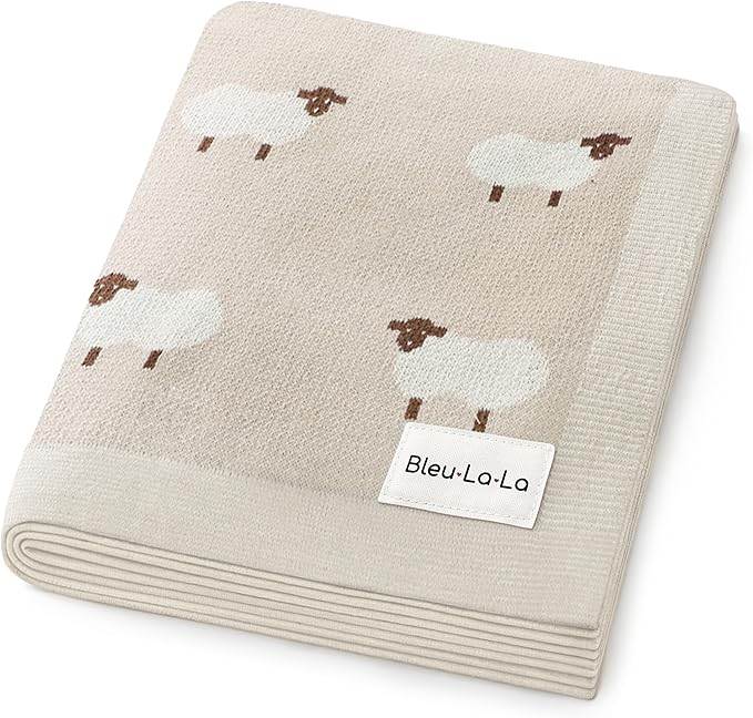 Baby Swaddle Blanket - 100% Luxury Cotton Knit Soft Cozy Lightweight Unisex Receiving Stroller Quilt Blanket for Shower Gift Registry for Newborns Infants Toddlers (Sheep - Khaki)