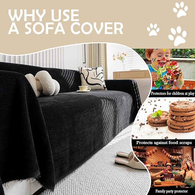 HANDONTIME Couch Cover for Sofa Corduroy Couch Cover for Kids Jacquard Love seat Sofa Covers Sectional Couch Covers 3 Seater Sofa Cover Cozy Sofa Slipcovers Chenille Couch Protector 71" X150", Black