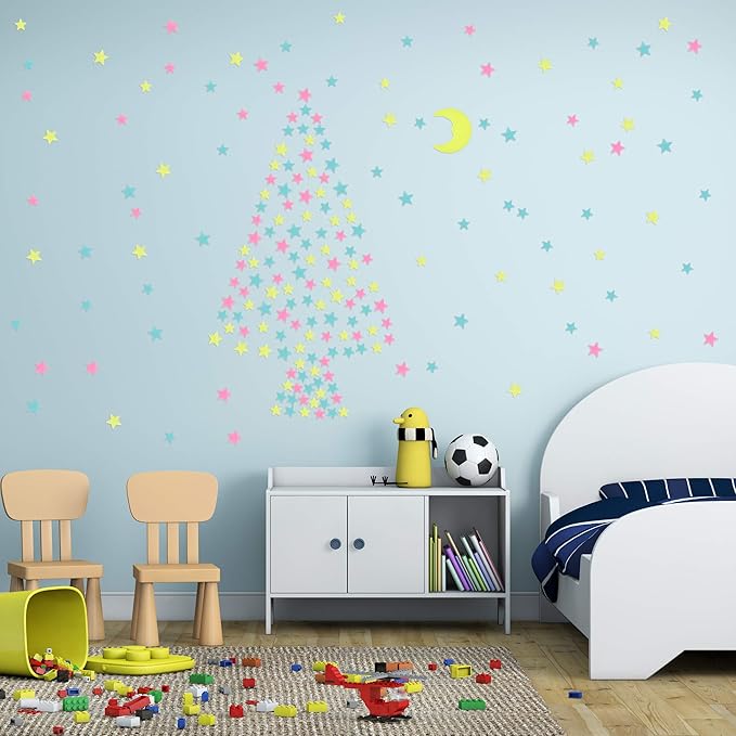 AM AMAONM Glow in The Dark Luminous Stars Fluorescent Noctilucent Plastic Wall Stickers Murals Decals for Home Art Decor Ceiling Wall Decorate Kids Babys Bedroom Room 100PCS Yellow Moon and Stars