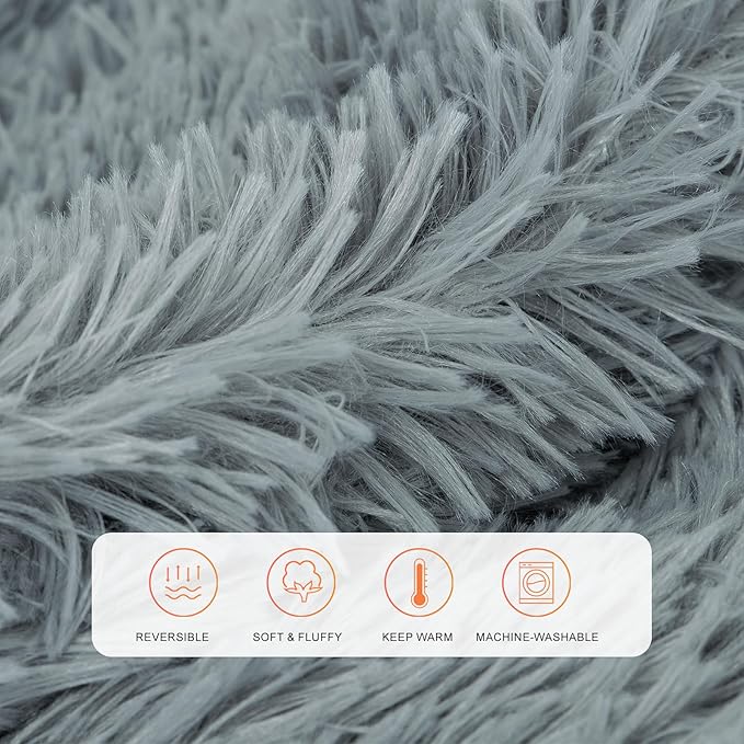 TOONOW Extra Soft Fuzzy Faux Fur Blanket Queen Size 78"x90", Reversible Lightweight Decorative Blankets and Throws Super Soft Cozy Microfiber Fleece Fuzzy Blankets for Couch Bed, Blue Grey