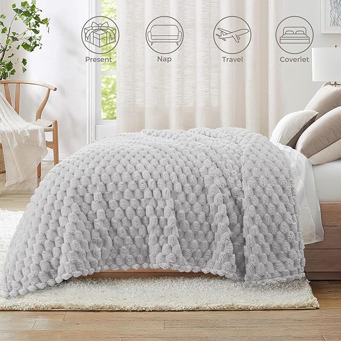 Whale Flotilla Queen Size Blanket for Bed with Jacquard Pattern, Fuzzy Soft Cozy Exquisite Blankets for All Season, Warm and Fluffy, 90x90 Inch, Light Grey