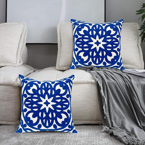 Alysheer Floral Embroidered Spring Decorative Throw Pillow Cover 18"x 18" Set of 2, Boho Mandala Embroidery Royal Blue Patterned Cushion Case for Sofa Couch Living Room Bedroom Outdoor