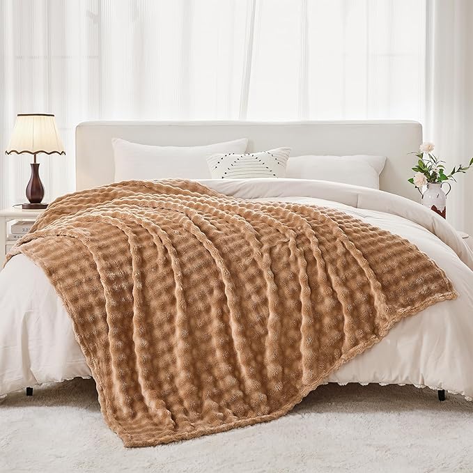 3D Bubble Plush Blanket Textured Fleece Throw Soft Warm Cozy Blanket Couch Bed Throw Brown 50x60 Inches