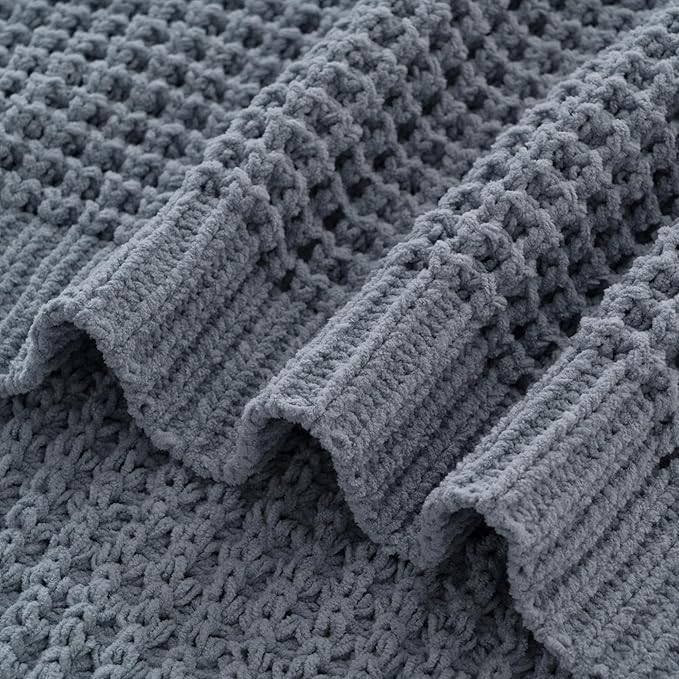 Bunnikins & Clover Blue Grey Throw Blanket for Couch, Thick Warm Soft Cozy Knitted Chenille Throw Blanket for Sofa, Bed, Living Room, 60"x80"