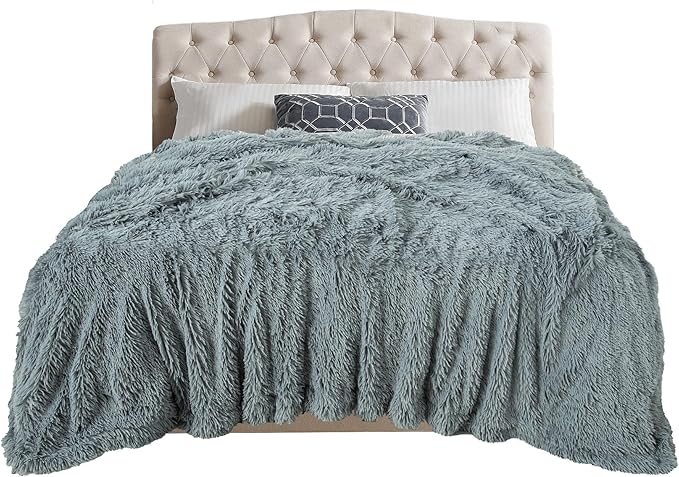 TOONOW Extra Soft Fuzzy Faux Fur Blanket Queen Size 78"x90", Reversible Lightweight Decorative Blankets and Throws Super Soft Cozy Microfiber Fleece Fuzzy Blankets for Couch Bed, Blue Grey