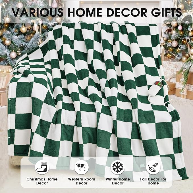 Heated Electric Blanket Throw, 50X60 Heating Blanket with 10 Heat Level & 8 Hours Auto Off for Lap, Dark Green Checkered Plaid Soft Sherpa Blankets for Mom Grandma Women Couch