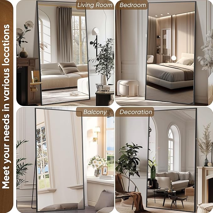 Antok Full Length Mirror, 46"x90" Floor Mirror with Stand, Hanging Mounted Mirrors for Bedroom, Living Room, Cloakroom, Dining Room, Black, Rect