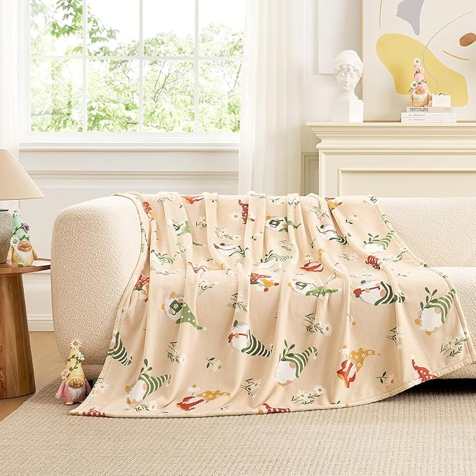 Cozy Bliss Gnome Spring Throw Blanket - Garden Daisy Floral Design, Warm MilkyPlush Throw Blankets, Ultra Soft Cozy Blankets for Couch, Sofa and Bed, Beige, 60X80inches