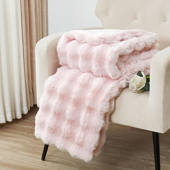 DREAMNINE Large Soft Thick Fuzzy Bubble Faux Rabbit Fur Bed Blanket Queen Size - 80" x 90", Big Warm Shaggy Fluffy Blankets for Winter, Solid Luxury Cozy Cute Bumpy Furry Blanket for Bed Adult, Pink
