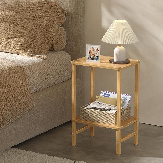 Side Table End Table Tall Night Stand 2-Tier 2 Pack for Living Room Bedroom Bathroom Office Furniture Natural