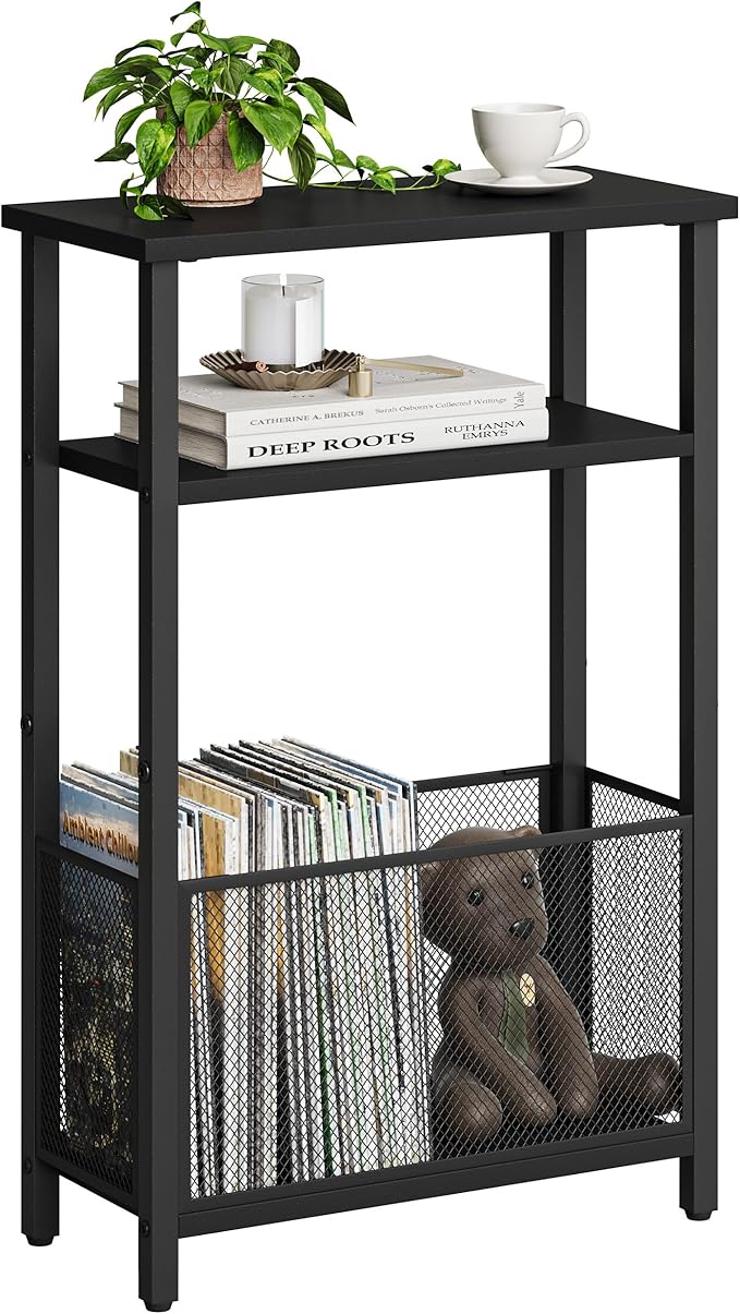 Narrow Side Table with Storage Basket Skinny End Tables for Smalls Spaces 3 Tier Sofa Table Small Nightstand Slim Bedside Table for Living Room Bedroom Black MLBZ22B