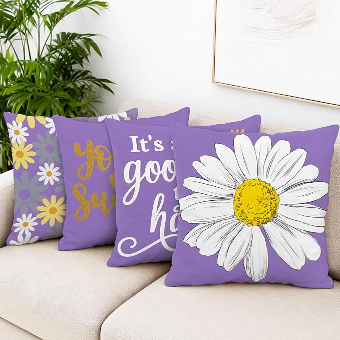 Hexagram Spring Summer Pillow Covers 18x18 Set of 4, Outdoor Floral Daisy Decorative Purple Throw Pillow Covers, You are My Sunshine Farmhouse Cushion Case for Couch Sofa Indoor Home Decor(No Insert)