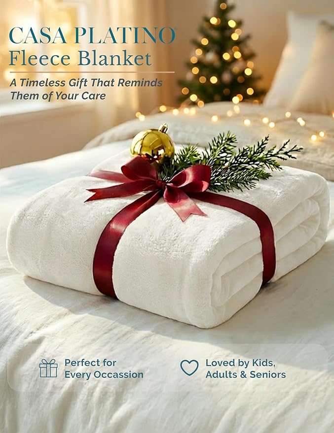 Casa Platino Fleece Blanket Twin Size – 300 GSM White Fleece Throw for Bed or Couch – Soft Cozy Warm Holiday Bed Blanket for Winter, Fuzzy Plush Elegant Gifts for Kids, Men & Women - 68x90 Inch