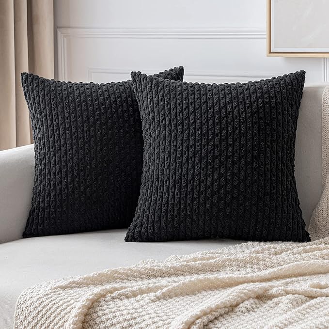 MIULEE Pack of 2 Decorative Throw Pillow Covers 18x18 Inch Soft Boho Striped Textured Corduroy Pillow Covers Modern Farmhouse Home Decor for Couch Bed Sofa Living Room Black