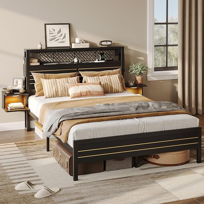 Bestier Full Bed Frame with Horizontal Golden Stripe Storage Headboard&LED Nightstands, Metal Platform Bed with Charging Station, Heavy Duty Metal Slats, No Box Spring Needed, Noise Free(Matte Black)