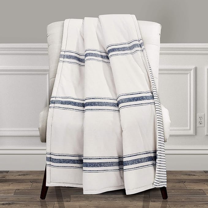 Lush Decor Farmhouse Stripe Reversible Throw, Single, 50" W x 60" L, Navy - Blue Throw Blanket For Bed - Soft Blanket - Couch Throw - Rustic Farmhouse Decor
