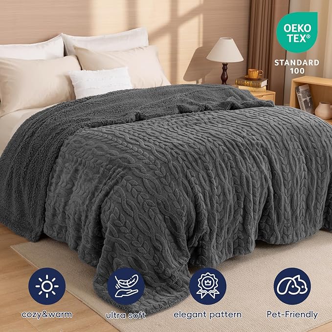 PHF Fluffy Sherpa Blanket Twin Size for Winter, Warm and Soft, 510GSM 3D Jacquard Thick Shaggy Fleece Plush Blanket for Sofa Bed, Dark Grey, 60"x80"