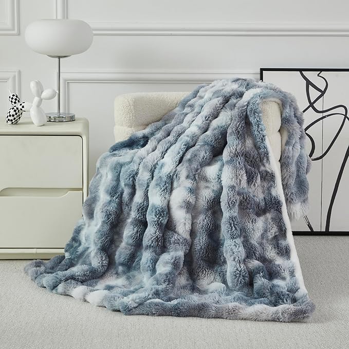 Faux Fur Throw Blanket for Couch Cozy Fuzzy Soft Plush Thick Fluffy Fleece Bubble Blanket for Sofa Bedroom Living Room, 63x79 Inches Tie-Dye Silver Gray