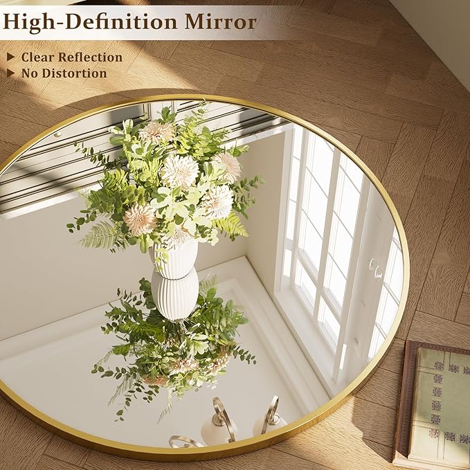 40 Inch Round Mirror - Circle Mirrors for Bathroom, Entryway and Living Room Wall Decor, Modern Hanging Vanity Mirror, Matte Gold Circle Decorative Wall Mirror