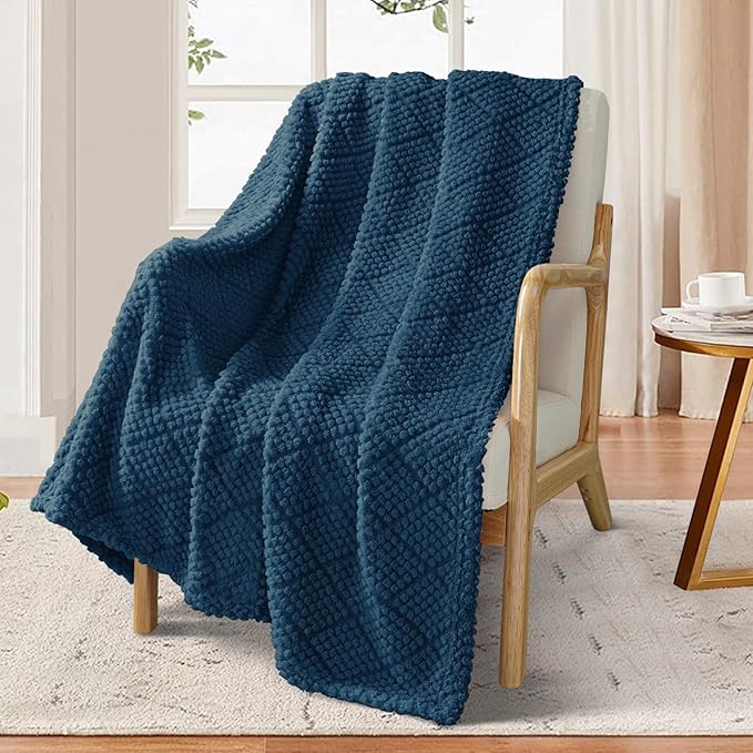 Whale Flotilla Fuzzy Fleece Throw Blanket for Couch, Bed, Soft Fluffy Jacquard Waffle Blankets for All Season, Lightweight and Warm, 50x60 Inch, Navy Blue