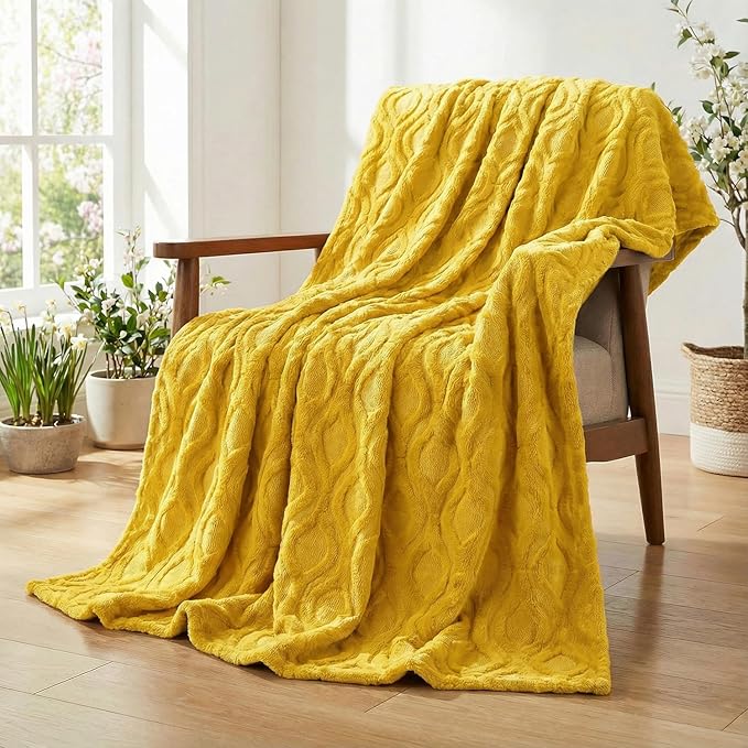 Horaldaily Solid Blanket Throw, Yellow Accent Farmhouse Neutral Square Euro Soft Fuzzy Plush Faux Fur Cozy Blankets for Couch Sofa Bed Lounging, Ideal Gifts for Kids Adults Wife Self, 50x60