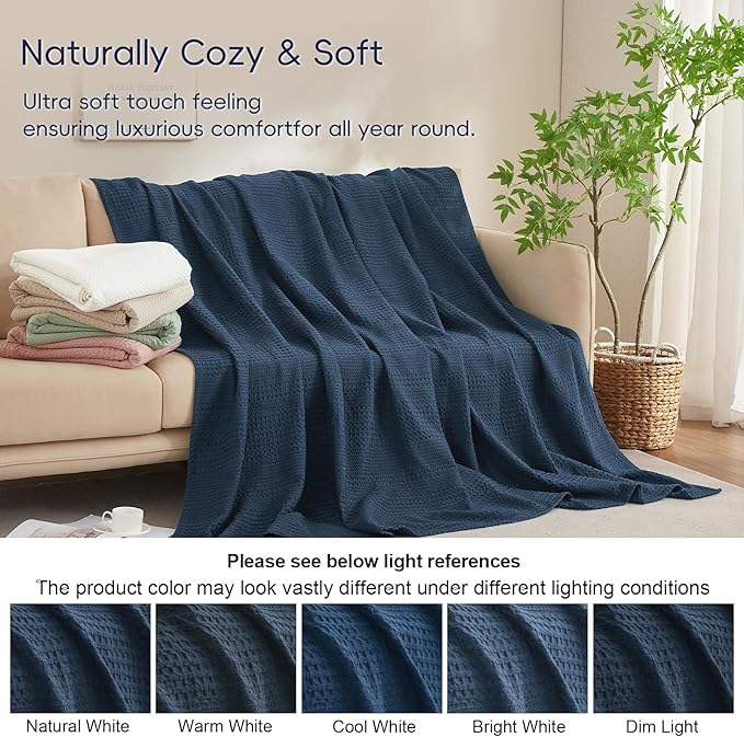 PHF Lightweight Waffle Weave Blanket Twin Size, Breathable & Ultra Soft, 66"x 90" Soft & Cozy Thin Blanket for All Season & Hot Sleepers, Bed, Home Decor - Navy Blue