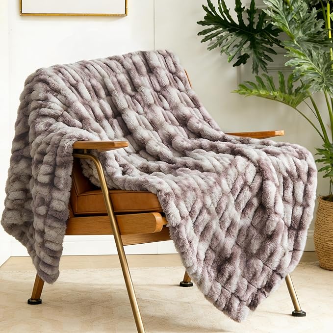 Ultra Soft Luxury Faux Fur Twin Blanket for Couch,Fuzzy Fluffy Plush Warm Cozy Ruched Blanket for Sofa Bedroom Living Room, Elegant Gift Idea for Women (60"x80",Tie-dye Taupe)