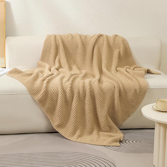 bearberry Soft Rib Knit Blanket Thin Warm & Breathable - Snuggly Minky Throw for Everyday Use, Travel, Chair | All-Season Machine Washable for Couches, Gifts, Family (Camel, 50”x60”)