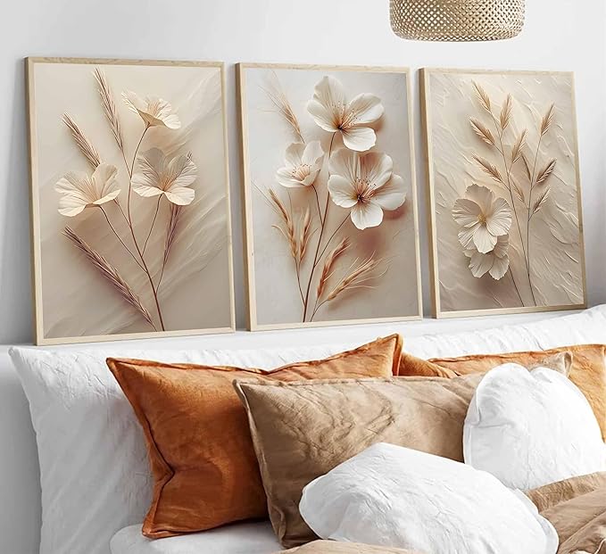 3Pcs Neutral Beige Floral Botanical Canvas Wall art Modern Simple Texture Flower Plant Painting Picture Wall Decor Vintage Blossom Poster Print Artwork for Living Room Bedroom Bathroom Unframed