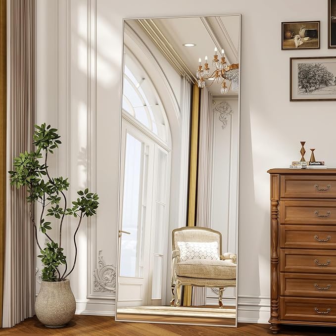 56" x 21" Full Length Mirror with Stand, Standing/Leaning/Wall Mounted Full Body Floor Mirror for Bedroom, Living Room, Entryway, Cloakroom with Aluminum Alloy Frame Silver