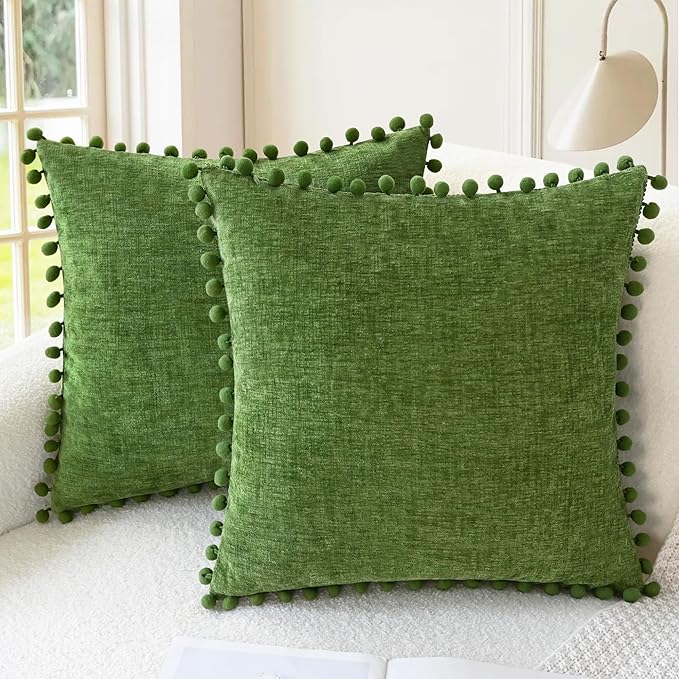 CaliTime Throw Pillow Covers Decorative 16 X 16 Inches Pack of 2 Cozy Solid Dyed Soft Chenille Cushion Cases with Pom Poms for Couch Sofa Bed Living Room Home Forest Green