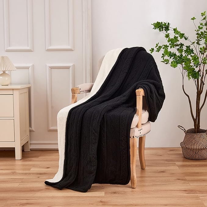 Longhui bedding Black Acrylic Cable Knit Sherpa Throw Blanket - Thick, Soft, Big, Cozy Knitted Fleece Blankets for Couch, Sofa, Bed - Large 60 x 80 Inches Coverlet All Season