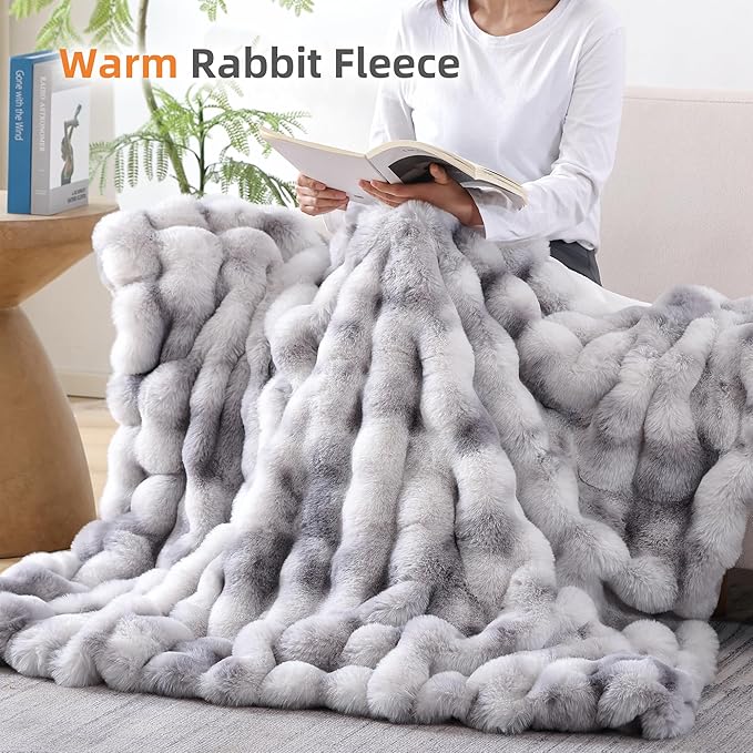 Smoofy Faux Fur Throw Blanket for Couch Rabbit Fleece - Tie-dye Grey Fluffy Blanket for Sofa Bedroom Living Room, Cozy Soft Plush Luxury Thick Winter Fuzzy Comfy Bubble Blanket - 50" x 60"