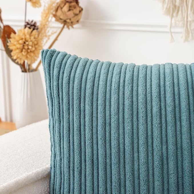 UGASA Velvet 12x20 Inch Lumbar Soft Throw Pillow Covers Decorative Corduroy Striped Both Sides Solid Rectangular Cushion Cases Boho Farmhouse for Couch Bedroom Sofa Home, Pack of 2, Blue Grey
