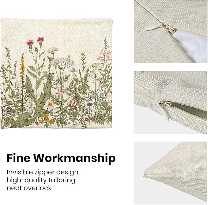 AEIOAE Sage Green Pillow Covers 18x18 Inch Set of 2, Spring Wildflower Plant Throw Pillows Case,Seasonal Floral Outdoor Decorative Flowers Farmhouse Decor Cushion Covers for Home Sofa Bed Couch