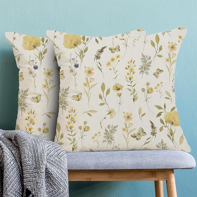 Spring Pillow Covers 16x16 Inch Set of 2, Mustard Yellow Green Wild Flower Throw Pillows Case,Colorful Seasonal Floral Plant Outdoor Decorative Farmhouse Decor Cushion Covers for Sofa Bed Couch