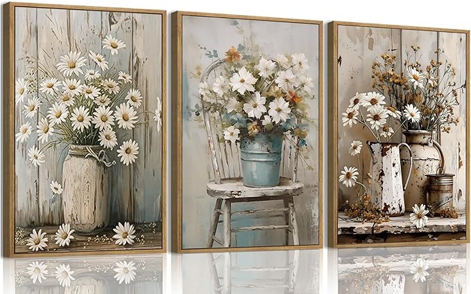 Wodkwq 3 piece Rustic Farmhouse Wall Decor Framed,Vintage Floral Canvas Wall Art,Daisy Country Picture Prints For Bedroom,Living Room,Bathroom 16x24in