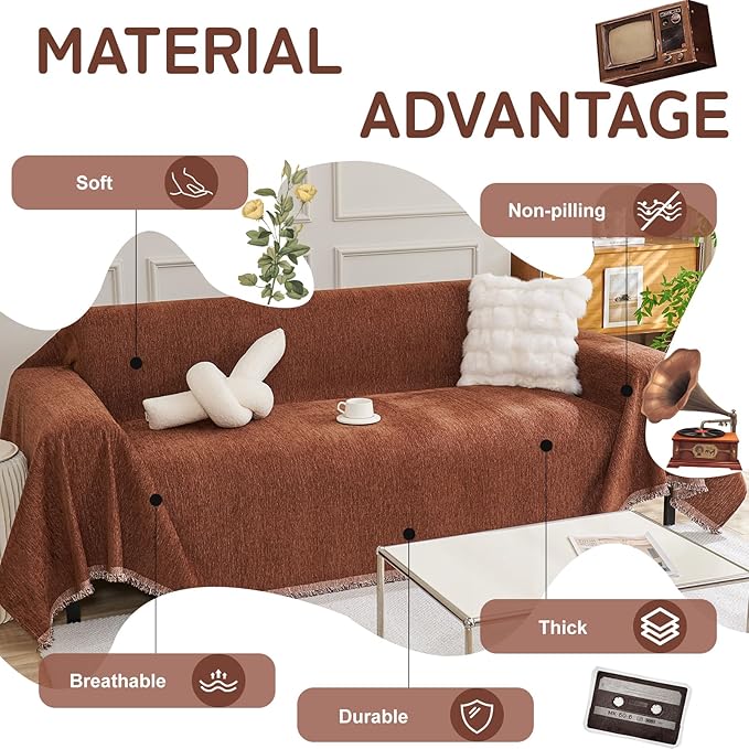 HANDONTIME Chocolate Couch Covers for Sofa Couch Slipcover with Non-Knot Tassels Washable Sofa Protector for Dogs Chenille Couch Covers for 3 Cushion Couch Pet Friendly Durable Slipcovers, 71"x118"