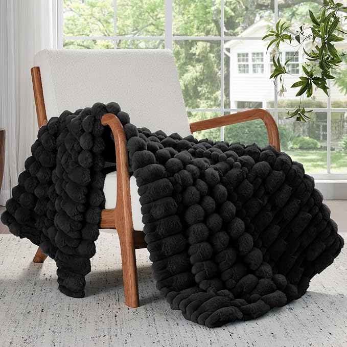 BEDELITE Faux Fur Black Throw Blanket for Couch - Super Soft & Cozy Plush Striped Blanket for Sofa and Room Decor, Luxury Fluffy All-Season Blankets Gift for Women, Men, Mom, Dad, 50x60 inch, Black