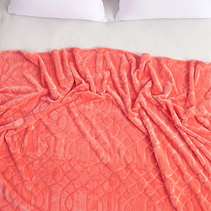Soft Cozy Fleece Throw Blanket, 50x60 Inches – Lightweight Plush Blanket for Couch, Fuzzy 3D Jacquard Design, for Sofa, Bed & Travel - Coral