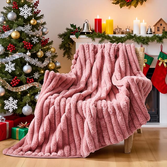 Lotus Karen Faux Fur Twin Blanket for Couch, Cozy Soft Fluffy Fuzzy Pink Blanket, Striped Warm Thick Furry Plush Shaggy Small Blankets for Women, 60x80 Inches