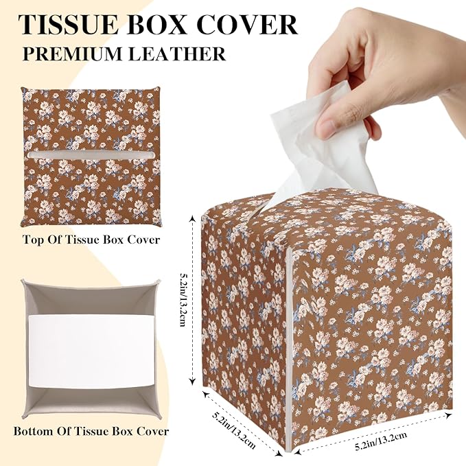Vintage Flower Tissue Box Cover, Brown Tissue Holder Square with Bottom Belt for Home Bathroom Office Vanity Countertop, Housewarming Gifts Ideas for Women Friends Mom Bestie -10