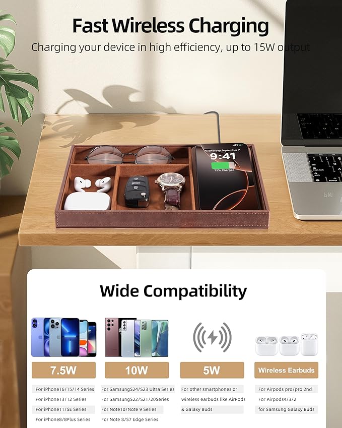 Valet Tray with Wireless Charger, Nightstand Organizer for Men, EDC Catchall Tray for Keys, Watch, Wallet, Jewellery, Premium Vegan Leather, Bedside Caddy, Stylish and Organized, Brown