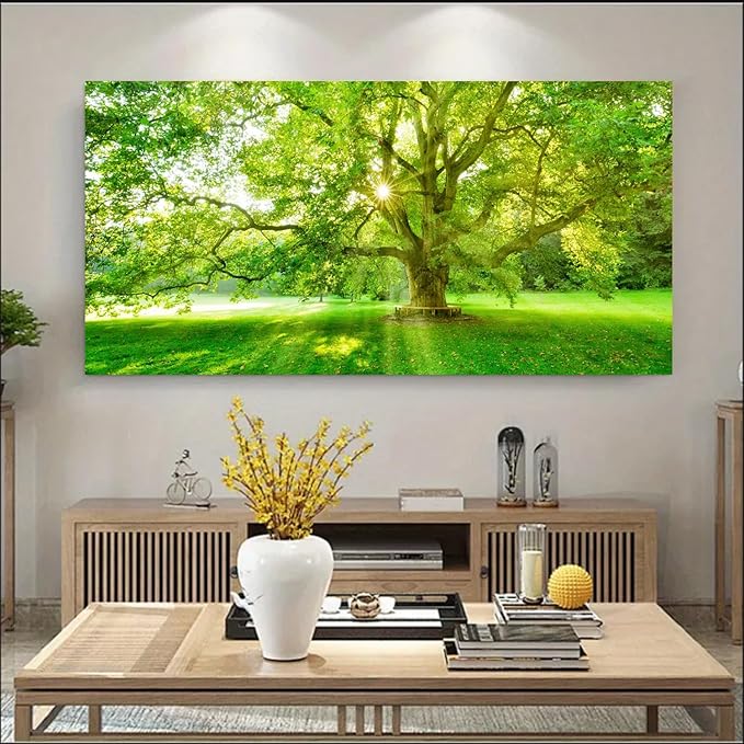 Bamdeya Bedroom Picture Forest Canvas Wall Decor Art Trees Green Pictures Sunrise Scenery Wall Art Nature Landscape Paintings Living Room Decor Office Artwork for Walls Bathroom Decorations